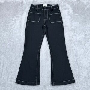 FRAME Le Bardot Crop Flare Jeans Womens 24 Black Denim White Stitching Noir